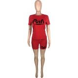 Plus Size Pink Letter Print T Shirt And Shorts 2 Piece Sets MEI-9256