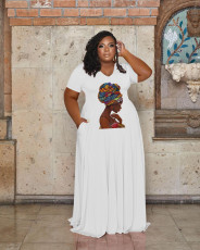 Plus Size Casual Printed V Neck Maxi Dress WAF-7439225