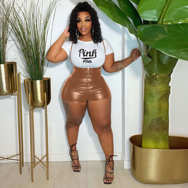 Pink Letter Print T Shirt+PU Leather Romper 2 Piece Sets YNSF-1817