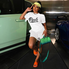 Plus Size Pink Letter Print T Shirt And Shorts 2 Piece Sets MEI-9256