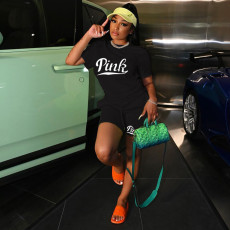 Plus Size Pink Letter Print T Shirt And Shorts 2 Piece Sets MEI-9256