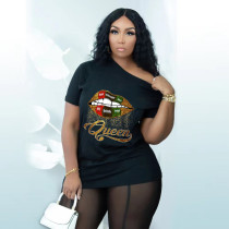 Lip Print O Neck Short Sleeve  T Shirt WAF-9000176