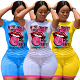 Lip Print T Shirt And Shorts Two Piece Sets LM-8315
