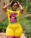 Lip Print T Shirt And Shorts Two Piece Sets LM-8315