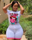 Lip Print T Shirt And Shorts Two Piece Sets LM-8315