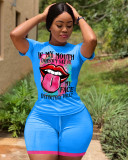 Lip Print T Shirt And Shorts Two Piece Sets LM-8315