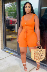 Plus Size Solid Sleeveless Sashes Romper HM-6616