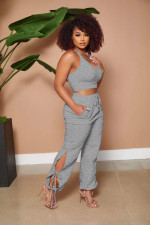 Plus Size Solid Tank Top Split Pants 2 Piece Sets HM-6615