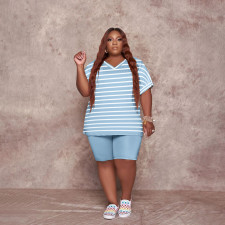 Plus Size Striped V Neck T Shirt And Shorts Sets PHF-13282