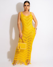 Sexy Knit Tassel Hollow Out Sling Maxi Dress ZSD-0227