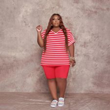 Plus Size Striped V Neck T Shirt And Shorts Sets PHF-13282