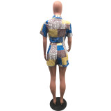Sexy Printed Short Sleeve Shirt Top Shorts 2 Piece Sets OMY-81013