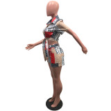 Sexy Printed Short Sleeve Shirt Top Shorts 2 Piece Sets OMY-81013