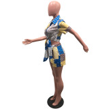 Sexy Printed Short Sleeve Shirt Top Shorts 2 Piece Sets OMY-81013