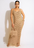 Sexy Knit Tassel Hollow Out Sling Maxi Dress ZSD-0227