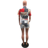 Sexy Printed Short Sleeve Shirt Top Shorts 2 Piece Sets OMY-81013