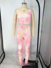 Tie Dye Print Tank Tops Stacked  Pants 2 Piece Sets XMY-9254