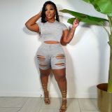 Solid Hole Two Piece Shorts Sets YNSF-1820