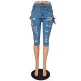 Denim Ripped Hole Calf Length Jeans Pants GCNF-0185