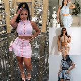 Elegant Patchwork Sleeveless Mini Skirt 2 Piece Sets MDF-5312