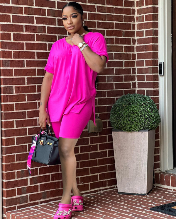 Solid V Neck Split T Shirt And Shorts Two Piece Sets YD-8597