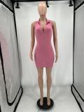Solid Ribbed Sleeveless Zipper Slim Mini Dress YIM-257
