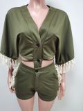 Casual Tassel Batwing Sleeve Two Piece Shorts Sets MEM-88437