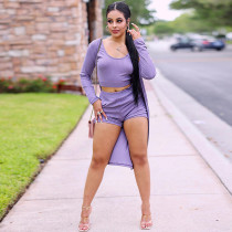 Solid Ribbed Tank Top+Long Sleeve Cloak+Shorts 3 Piece Sets GLF-10104