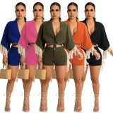 Casual Tassel Batwing Sleeve Two Piece Shorts Sets MEM-88437