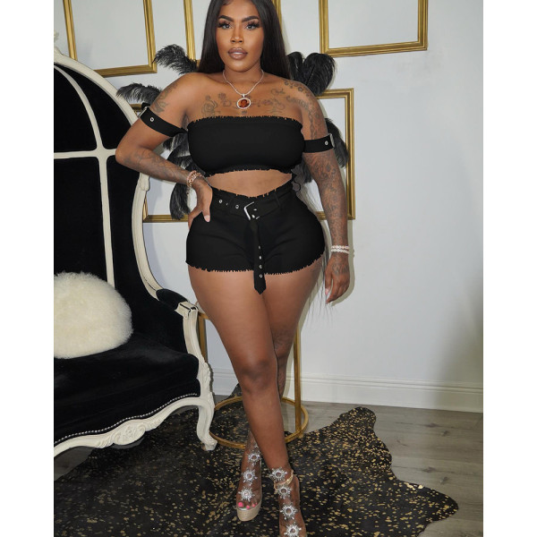 Solid Crop Top Belted Shorts Two Piece Sets NM-8511