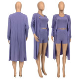 Solid Ribbed Tank Top+Long Sleeve Cloak+Shorts 3 Piece Sets GLF-10104