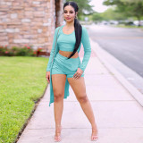 Solid Ribbed Tank Top+Long Sleeve Cloak+Shorts 3 Piece Sets GLF-10104