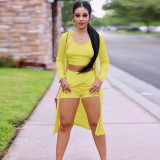 Solid Ribbed Tank Top+Long Sleeve Cloak+Shorts 3 Piece Sets GLF-10104