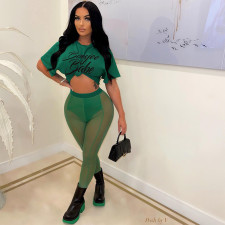 Plus Size Letter Print T Shirt+Mesh Pants 2 Piece Sets SXF-20401-2