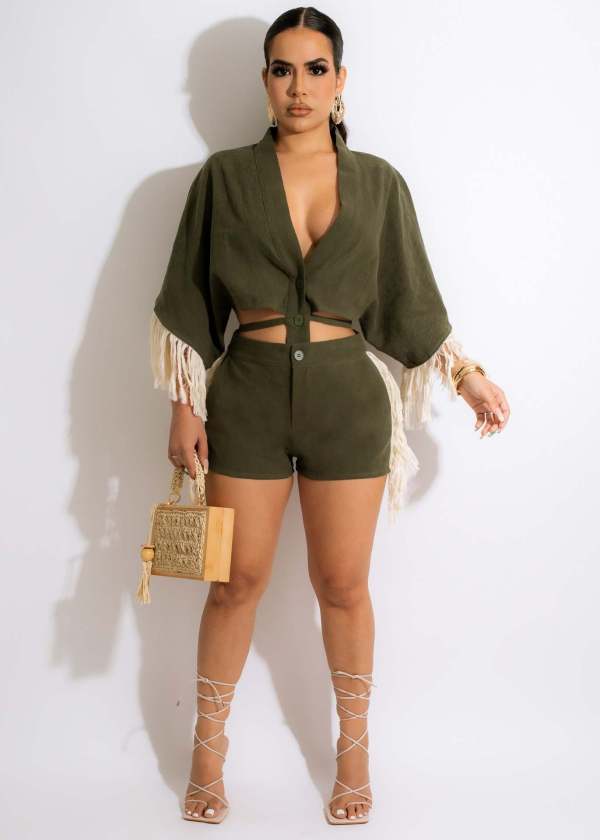Casual Tassel Batwing Sleeve Two Piece Shorts Sets MEM-88437