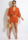 Casual Tassel Batwing Sleeve Two Piece Shorts Sets MEM-88437