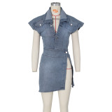 Denim Sleeveless Split Mini Skirt 2 Piece Sets ZSD-0468