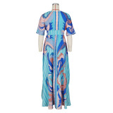 Sexy Printed V Neck High Waist Split Maxi Dress ZSD-0479