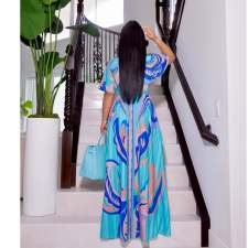Sexy Printed V Neck High Waist Split Maxi Dress ZSD-0479