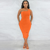 Solid One Shoulder Sleeveless Ruched Slim Midi Dress YNSF-1822
