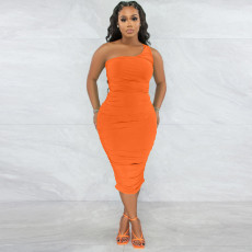 Solid One Shoulder Sleeveless Ruched Slim Midi Dress YNSF-1822