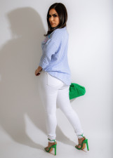 Striped Pearls Beading Half Sleeve Shirt Top ZSD-0478