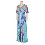 Sexy Printed V Neck High Waist Split Maxi Dress ZSD-0479