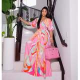 Sexy Printed V Neck High Waist Split Maxi Dress ZSD-0479