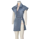 Denim Sleeveless Split Mini Skirt 2 Piece Sets ZSD-0468