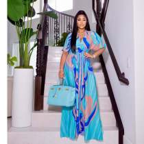 Sexy Printed V Neck High Waist Split Maxi Dress ZSD-0479