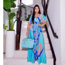 Sexy Printed V Neck High Waist Split Maxi Dress ZSD-0479
