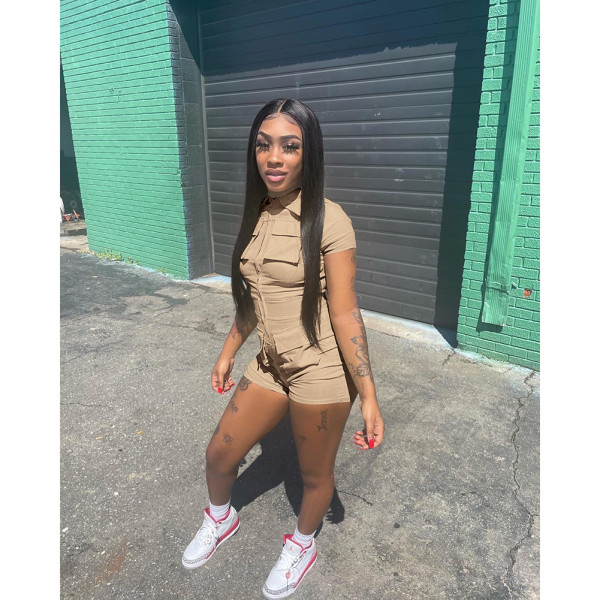 Solid Short Sleeve Zipper Pocket Romper DDF-88166