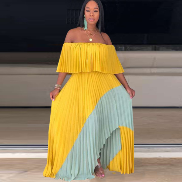 Sexy Patchwork Slash Neck Pleated Maxi Dresses OD-8291