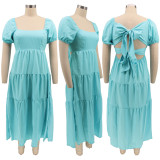 Solid High Waist Short Sleeve Midi Dress SFY-2170
